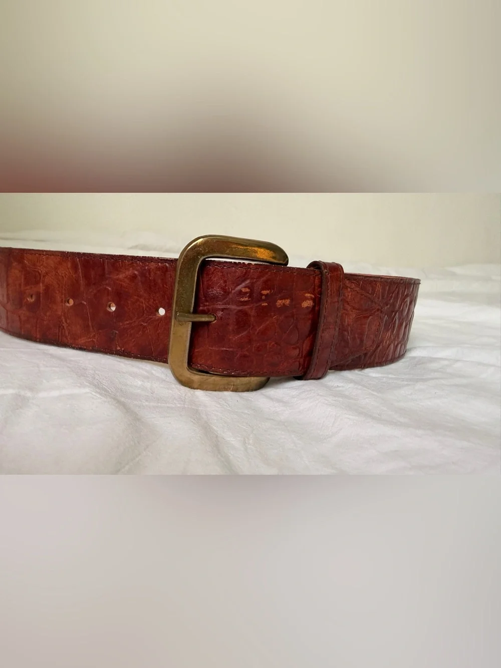 Vintage Waist Belt Brown Leather Crocodile Embossed by Omega Brass S